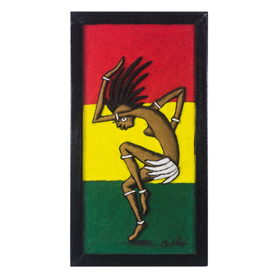 Holz- und Sandwandkunst, 'Rasta Man Dancer' (Rasta-Mann-Tänzer) - Rastafarian-Thematisierte Holz- und Sandwandkunst aus Ghana