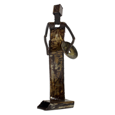Recycled metal sculpture, 'Market Woman Return II' - African Market Woman Statuette in Recycled Metal