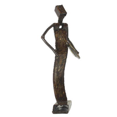Escultura en metal reciclado, 'Market Woman Return II' - Estatuilla Mujer Mercado Africano en Metal Reciclado
