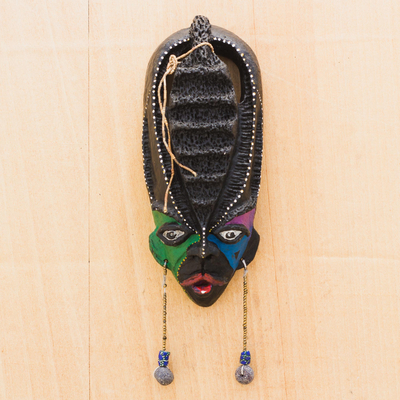 Recycled African mask, 'Black is Beautiful' - Recycled African Wall Mask with Glass Beads from Ghana