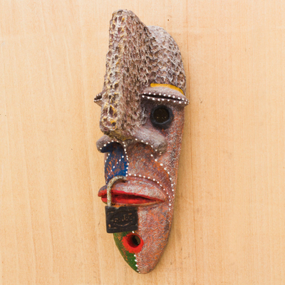 Recycled African mask, 'Choices' - Recycled Carton and Cocoa Leaf African Mask from Ghana