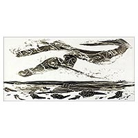 'Ojos entre las burbujas' - Pintura de paisaje marino expresionista firmada en blanco y negro