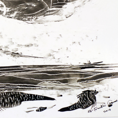 'Ojos entre las burbujas' - Pintura de paisaje marino expresionista firmada en blanco y negro