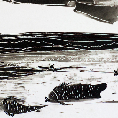 'The Giant Wave at the Sea' - Signed Nautical Painting in Black and White from Ghana