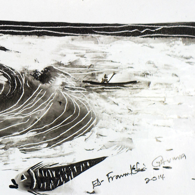 'La ola gigante en el mar' - Pintura náutica firmada en blanco y negro procedente de Ghana