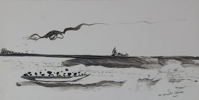 'Fading Faith Between Waters' - Signed Black and White Seascape Painting from Ghana