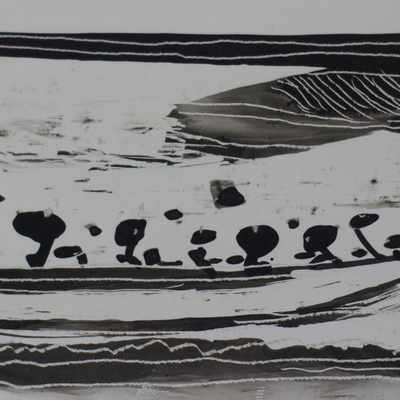 'Fading Faith Between Waters' - Pintura de paisaje marino en blanco y negro firmada de Ghana