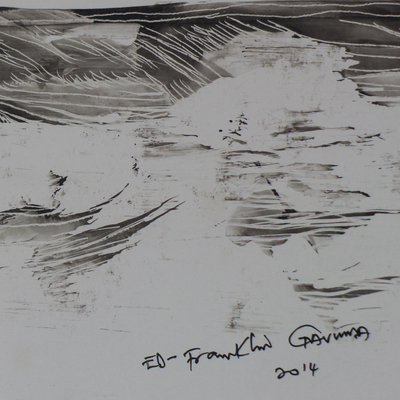 'Fading Faith Between Waters' - Signed Black and White Seascape Painting from Ghana