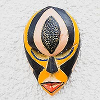 African wood mask, 'Akan Fakye' - Black and Yellow African Wood Mask from Ghana