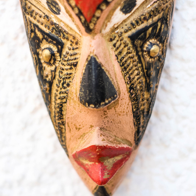 African wood mask, 'Medo' - Rustic African Wood and Aluminum Mask from Ghana