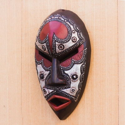 African wood mask, 'African Lover' - African Wood and Aluminum Mask from Ghana
