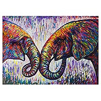 'Love & Affection' - Signed Expressionist Painting of Two Loving Elephants