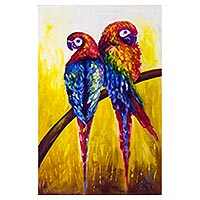 'Amor entre pájaros' - Pintura expresionista firmada de dos guacamayos de Ghana