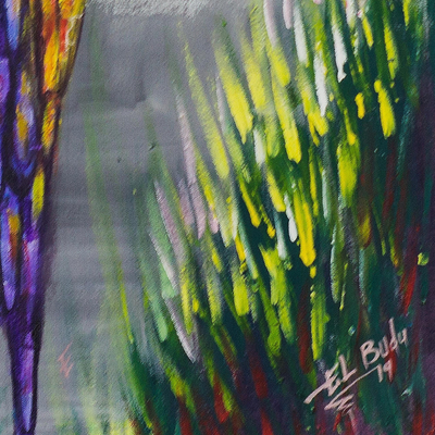 „Stolz der Federn“. - Expressionistische Malerei eines violetten und gelben Papageis