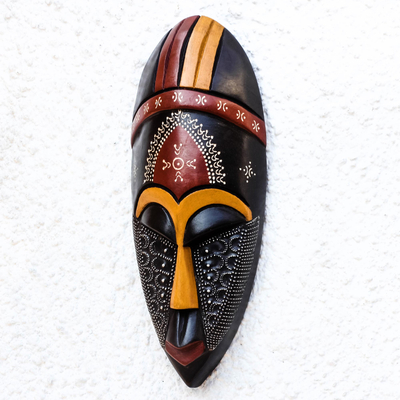 Máscara de madera africana - Máscara colorida de madera africana con acentos de aluminio de Ghana