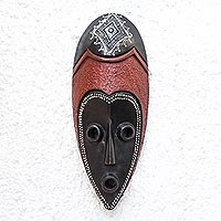 African wood mask, 'Face of Fortune' - Black and Red African Wood Mask from Ghana