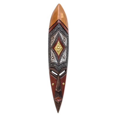 Máscara de madera africana, 'Diamante Armonioso' - Máscara de madera africana acentuada con aluminio y latón