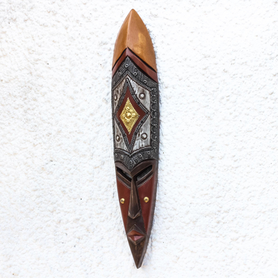 African wood mask, 'Harmonious Diamond' - African Wood Mask Accented with Aluminum and Brass