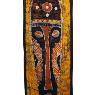'Azonto Mask II' - Culturally-Inspired Batik Cotton Wall Hanging in Yellow