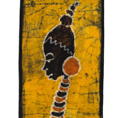 Wandbehang aus Batik-Baumwolle - Signierter Mutter-Kind-Wandbehang aus Batik-Baumwolle in Gelb
