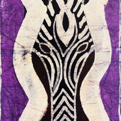 Batik-Baumwoll-Wandbehang, „Zebra II“ – Signierter Batik-Baumwoll-Zebra-Wandbehang in Lila aus Ghana