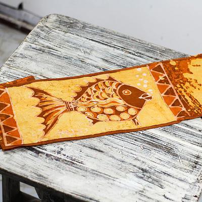 Cotton batik table runner, 'Bubbly Fish' - Hand-Painted Cotton Batik Fish Table Runner from Ghana