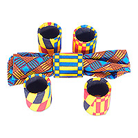 Cotton and recycled plastic napkin rings, 'Kente Hospitality' (set of 4) - Four Kente-Themed Cotton and Recycled Plastic Napkin Rings