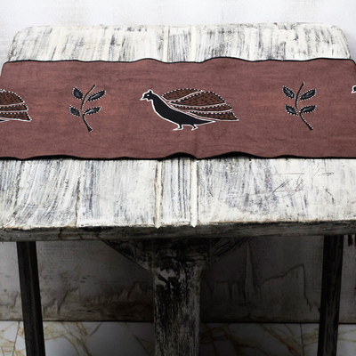 Cotton table runner, 'Peacock Procession' - Hand-Painted Cotton Peacock Table Runner from Ghana