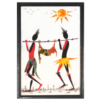 Signed Batik Cotton Wall Art of Two Hunters from Ghana