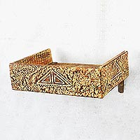Wood shelf, 'Ancient Symbol' - Rustic Wood Wall Shelf Handmade in Ghana