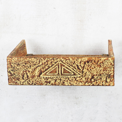 Wood shelf, 'Ancient Symbol' - Rustic Wood Wall Shelf Handmade in Ghana