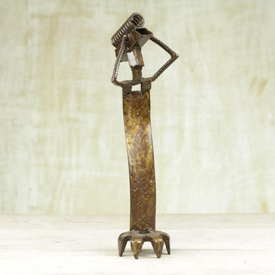 Upcycled auto parts sculpture, 'Farmer's Wife II' - Upcycled Auto Parts Sculpture of Ghana Woman with Firewood