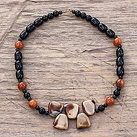 Agate and recycled glass beaded necklace, 'Gracious Beauty' - Agate and Recycled Glass Beaded Necklace from Ghana