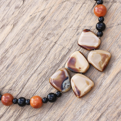 Agate and recycled glass beaded necklace, 'Gracious Beauty' - Agate and Recycled Glass Beaded Necklace from Ghana