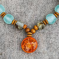 Recycled glass and wood beaded pendant necklace, Eco Anonyam