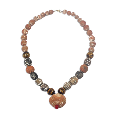 Tiger's eye and ceramic beaded pendant necklace, 'Anonyam Beauty' - Tiger's Eye and Ceramic Beaded Pendant Necklace from Ghana