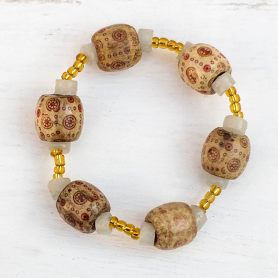 Recycled glass and wood beaded stretch bracelet, 'Beautiful Stamp' - Recycled Glass and Stamped Sese Wood Beaded Stretch Bracelet