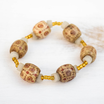 Recycled glass and wood beaded stretch bracelet, 'Beautiful Stamp' - Recycled Glass and Stamped Sese Wood Beaded Stretch Bracelet