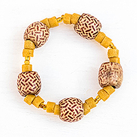 Recycled glass and wood beaded stretch bracelet, 'Rich in Beauty' - Yellow Recycled Glass and Wood Beaded Stretch Bracelet