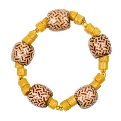 Yellow Recycled Glass and Wood Beaded Stretch Bracelet