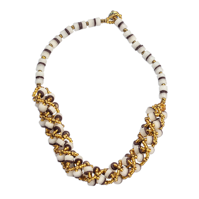 Gold-Tone and Brown Recycled Glass Beaded Torsade Necklace