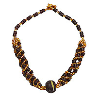 Recycled glass beaded torsade necklace, 'Nhyira Glory' - Brown and Gold-Tone Recycled Glass Beaded Torsade Necklace