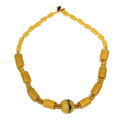Yellow Recycled Glass Beaded Necklace from Ghana