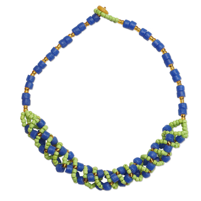 Blue and Green Recycled Glass Beaded Torsade Necklace