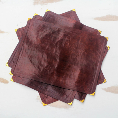 Leather placemats, 'Chestnut Gathering' (set of 4) - Handmade Leather Placemats in Chestnut from Ghana (Set of 4)