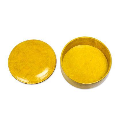 Leather decorative box, 'Yellow Tarodit' - Circular Leather Decorative Box in Yellow from Ghana