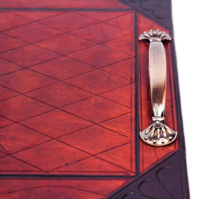 Leather tray, 'Diamond Server' - Diamond Pattern Leather Tray with Steel Handles from Ghana