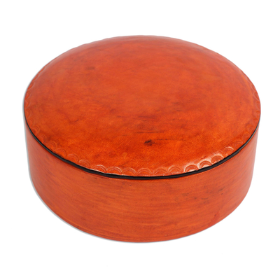 Circular Orange Leather Decorative Box from Ghana