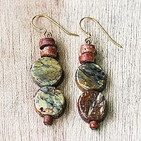 Soapstone and bauxite beaded dangle earrings, 'Oval Nature' - Oval Soapstone and Bauxite Beaded Dangle Earrings from Ghana