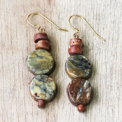 Soapstone and bauxite beaded dangle earrings, 'Oval Nature' - Oval Soapstone and Bauxite Beaded Dangle Earrings from Ghana